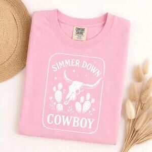 S Simmer Down Cowboy T-Shirt, Western Cow Skull Cactus Graphic Tee